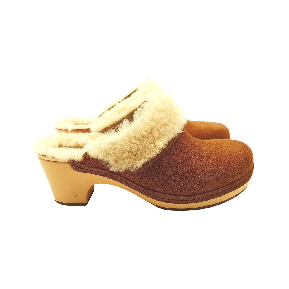 Crocs Sarah Luxe Suede Shearling Lined Heeled Clogs Mules - Hazelnut Size 6